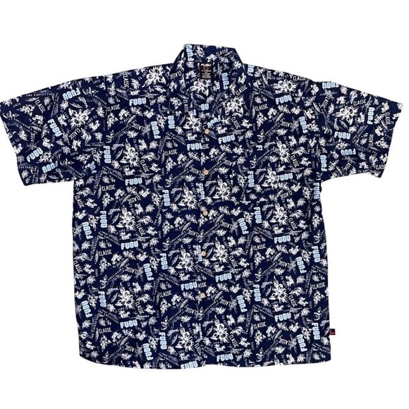 FUBU Button Up Short Sleeve Shirt All Over Blue Print Mens 2X Beach Hawaiian Y2K - Picture 1 of 6
